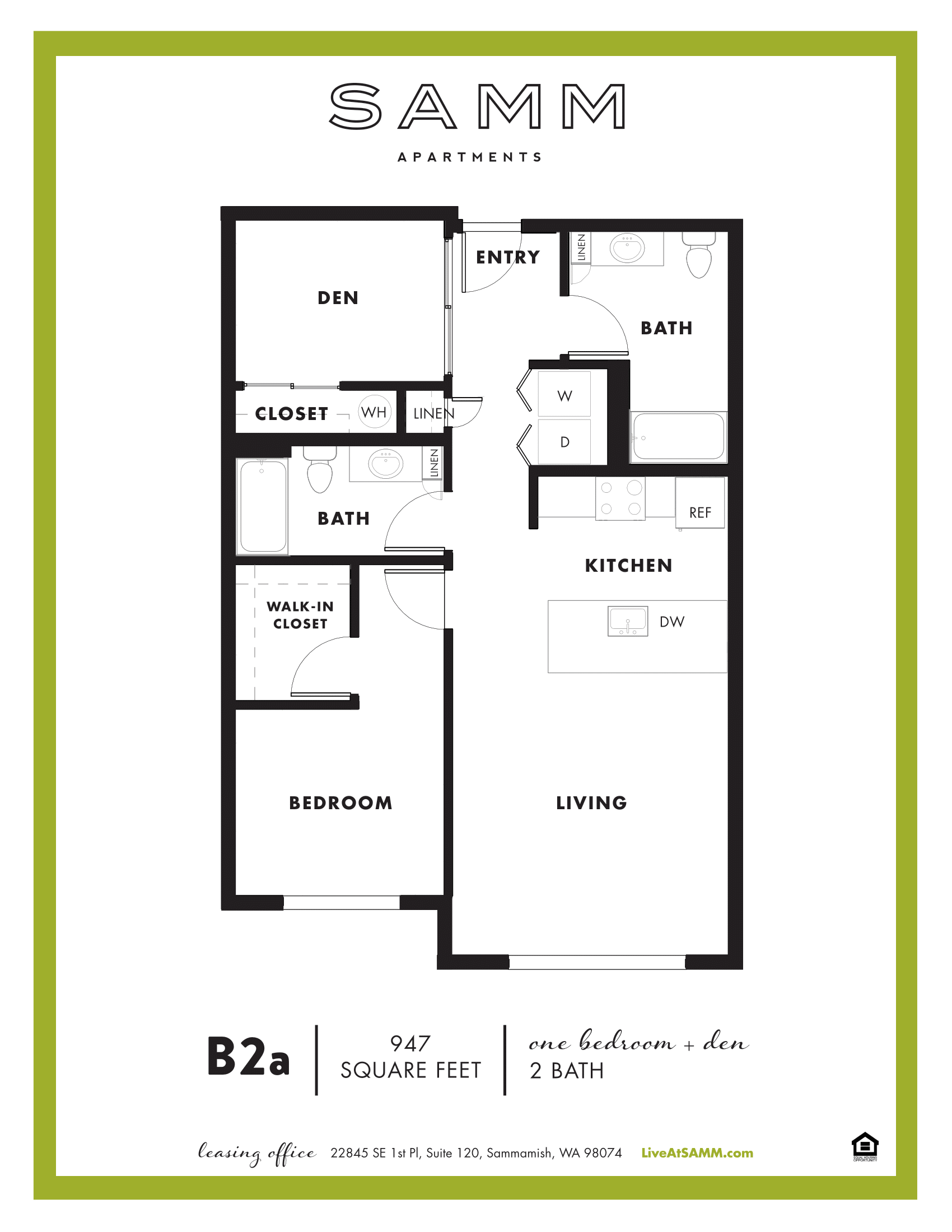 Floor plan for 1 bed, 2 baths, 948 sqft